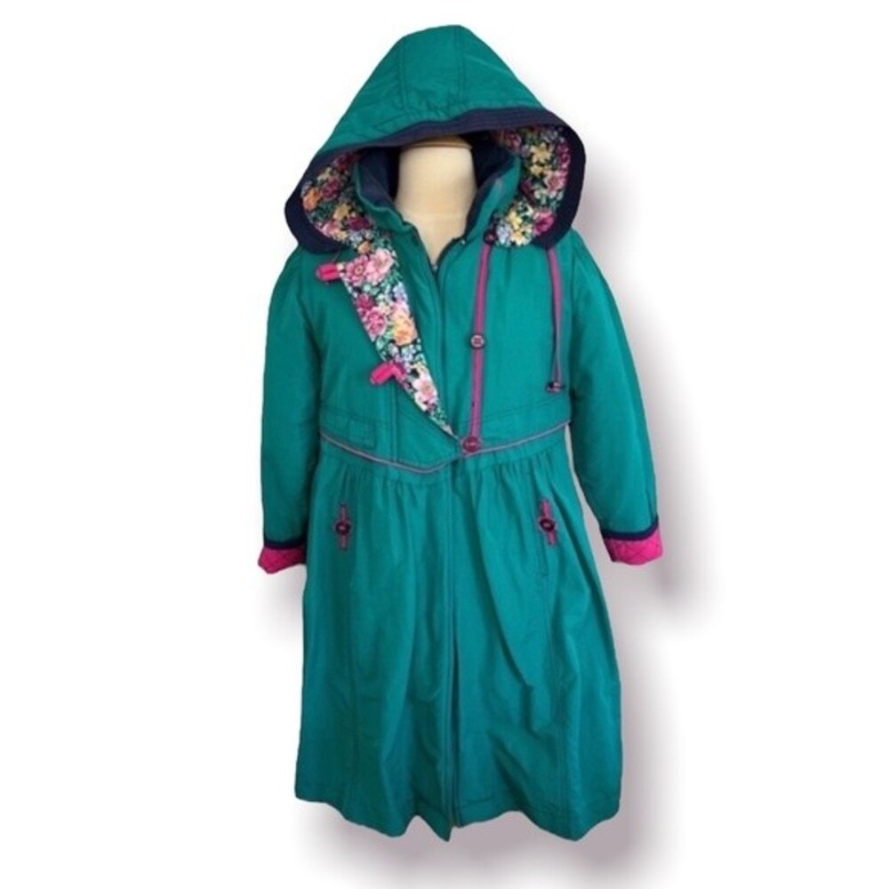 Vintage 80s Rothschild Coat Girls 12 Womens S/M Turquoise Floral Puffer Jacket